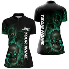 Load image into Gallery viewer, Green Smoke Flame Custom Skull Ladies Bowling Shirts, Bowling Team Uniform Halloween Outfit IPHW7393