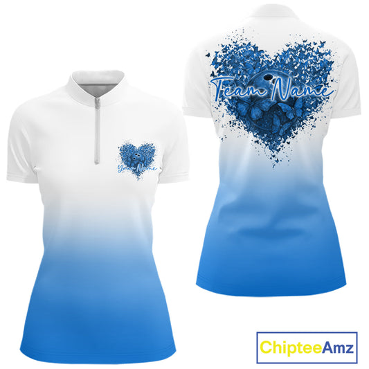 Custom Blue Butterflies Heart Bowling Women Quarter-Zip Shirts, Bowling League Shirt IPHW10236