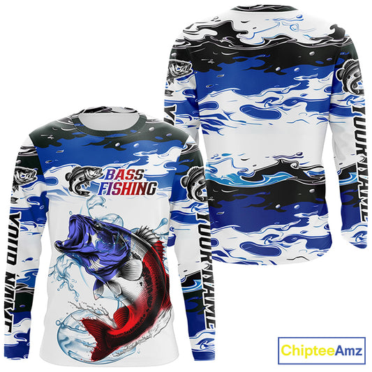 Custom Patriotic Bass Fishing Camo Jerseys, American Flag Bass Long Sleeve Fishing Shirts IPHW6051