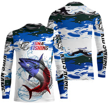 Load image into Gallery viewer, Custom Patriotic Tuna Fishing Camo Jerseys, American Flag Tuna Long Sleeve Saltwater Fishing Shirts IPHW6052