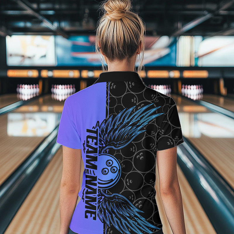 Blue And Purple Custom Bowling Tournament Women Quarter-Zip Shirts, Bowling Ball And Wings IPHW8845