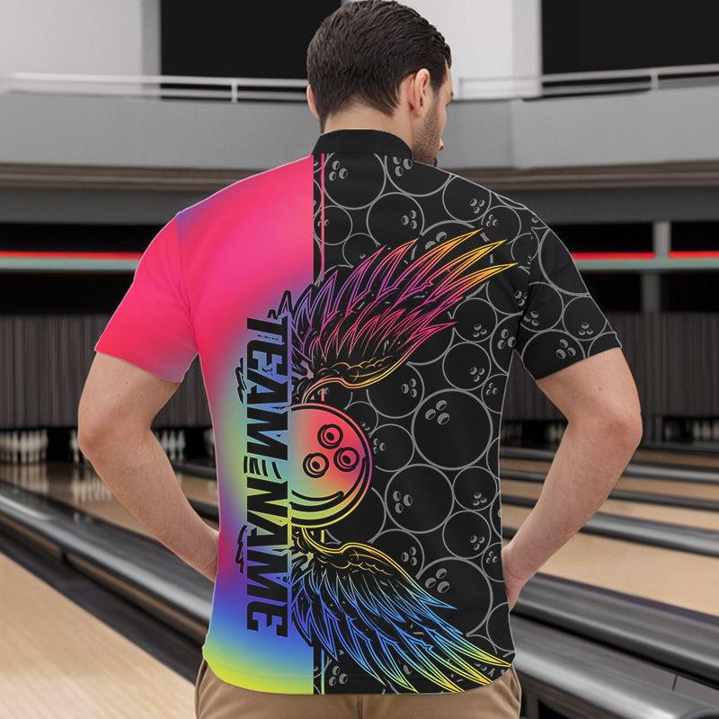Colorful Rainbow Custom Bowling Tournament Men Quarter-Zip Shirts, Bowling Ball And Wings Jerseys IPHW8846