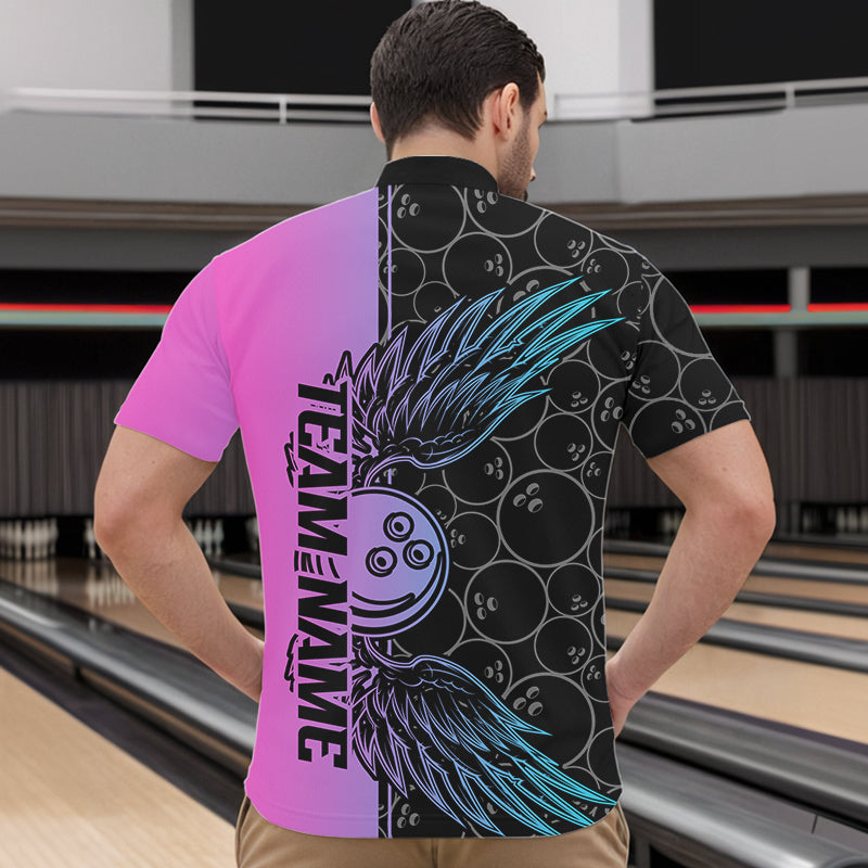 Blue And Pink Custom Bowling Tournament Men Quarter-Zip Shirts, Bowling Ball And Wings Jerseys IPHW8847