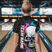 Load image into Gallery viewer, Custom Blue And Pink Flame Skull Bowling Women Quarter-Zip Shirt, Bowling Team League Shirt IPHW8853
