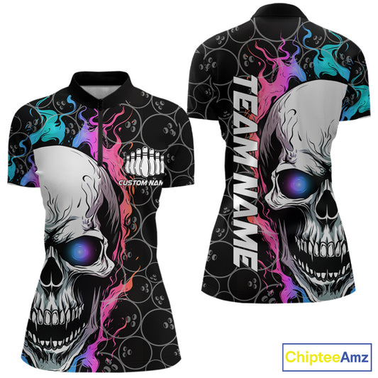 Custom Blue And Pink Flame Skull Bowling Women Quarter-Zip Shirt, Bowling Team League Shirt IPHW8853