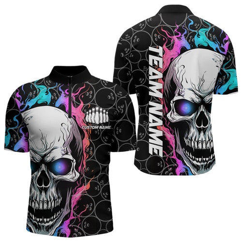 Custom Blue And Pink Flame Skull Bowling Men Quarter-Zip Shirts, Bowling Pattern Team League Shirt IPHW8853
