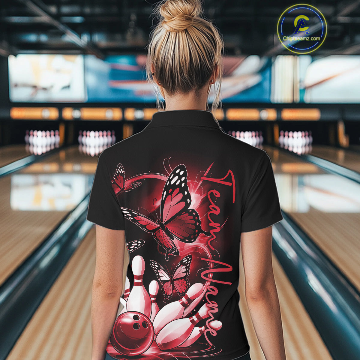 Custom Red Butterfly Bowling Women Polo Shirts With Team Name, Bowling Uniform IPHW10946