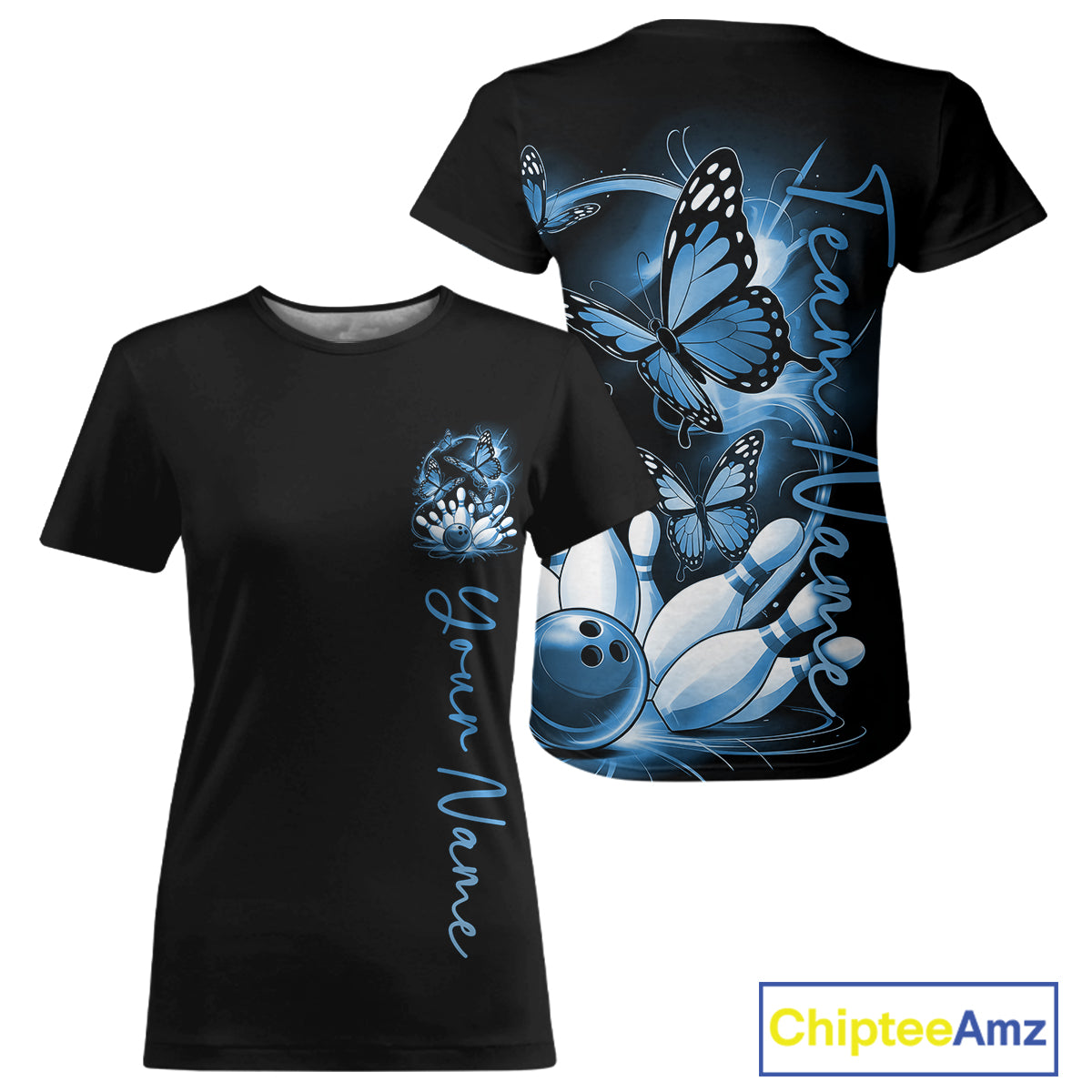 Custom Purple Butterfly Bowling Women T-Shirts With Team Name, Bowling Uniform IPHW10948
