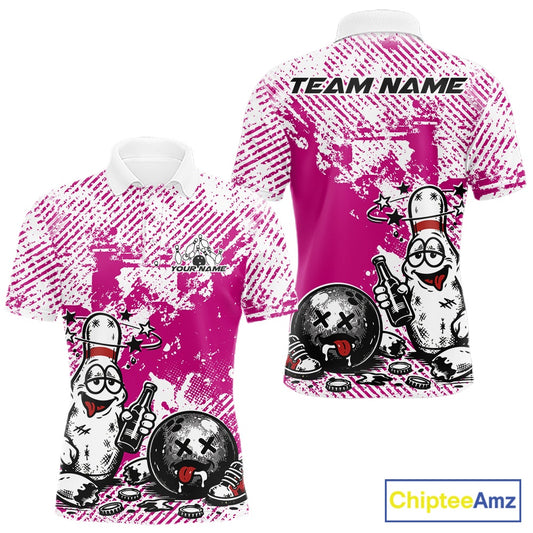 Front and back view of a men’s polo shirt mockup in pink and white, featuring drunk cartoon bowling pin holding beer bottle and bowling ball with grunge texture.