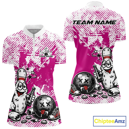 Women’s quarter zip bowling shirt mockup in pink and white, grunge texture background, cartoon drunk bowling pin holding beer bottle and bowling ball