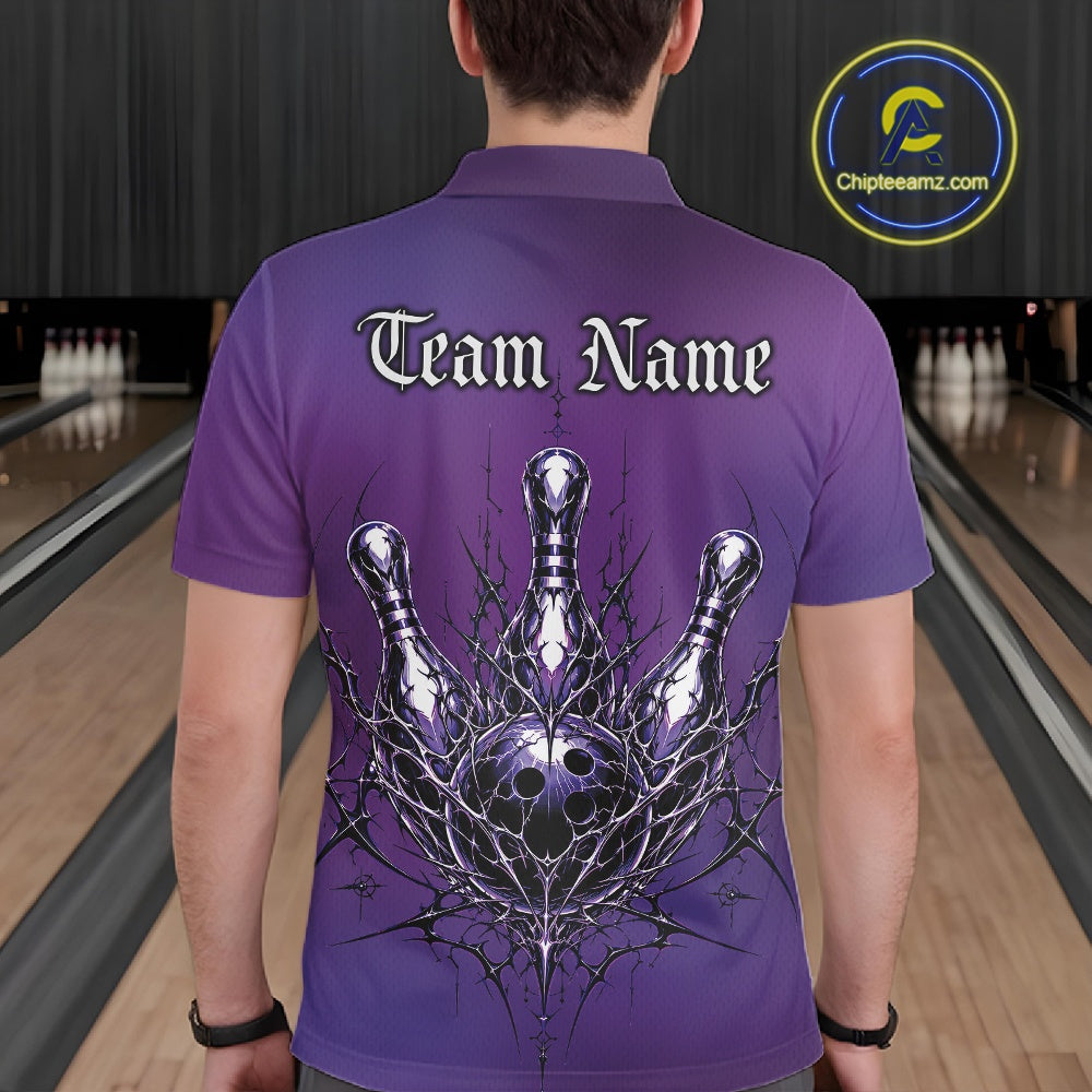 Person wearing a purple bowling-themed shirt with 'Team Name' text in a bowling alley.