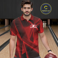 Load image into Gallery viewer, Man in a red bowling shirt with a logo on a bowling alley background
