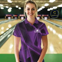 Load image into Gallery viewer, Woman wearing a purple bowling shirt with a logo in a bowling alley