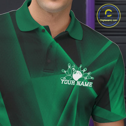 Green and black polo shirt with bowling design and 'Your Name' text on a blurred background