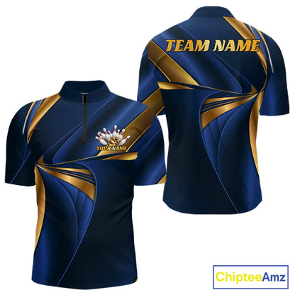 Custom Blue And Gold Men Quarter Zip Bowling Team Shirt, Bowling League Shirt IPHW11612