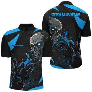 Custom Black And Blue Flame Bowling Shirts For Men, Halloween Skull Bowling Shirts Outfits IPHW7089