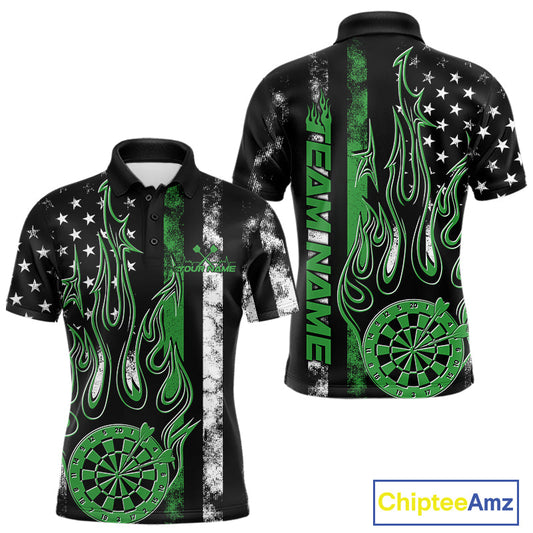 Custom Green Thin Line US Flag Patriotic Flame Dartboard Dart Men Polo Shirts, Dart Jerseys IPHW9641