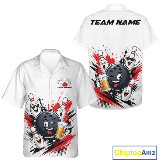 White short-sleeve button-up shirt shown from the front and back, featuring a bowling-themed graphic with a cartoon bowling ball, bowling pins, beer mugs, and customizable text areas including 'TEAM NAME' on the back and 'YOUR NAME' on the front. A 'ChipteeAmz' logo appears in the bottom right corner.