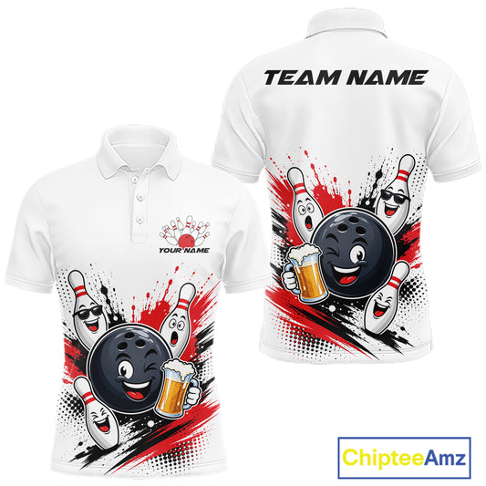 White short-sleeve polo shirt shown from the front and back, featuring a bowling-themed graphic with a cartoon bowling ball, bowling pins, and red/black paint splatter. The front has a small customizable chest logo reading 'YOUR NAME', and the back has 'TEAM NAME' printed across the shoulders.