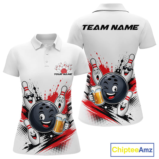 Womens white short-sleeve polo shirt shown from front and back with a bowling-themed cartoon graphic in red, black, white, and yellow. The front has a small chest logo with placeholder text, the back has large 'TEAM NAME' text