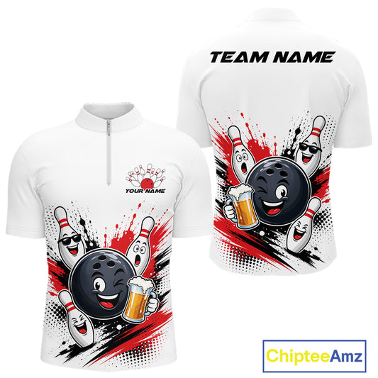 White short-sleeve zip-front jersey shown from front and back on a light gray background. The front and back feature a bowling-themed cartoon graphic with a smiling black bowling ball holding a beer mug, white bowling pins, red paint splatter, black halftone dots, and placeholder text reading YOUR NAME and TEAM NAME.