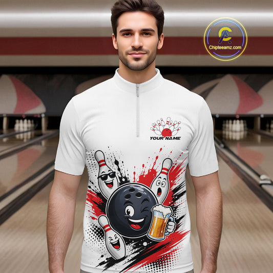 A man wearing a white short-sleeve quarter-zip bowling graphic shirt with cartoon bowling pins, a bowling ball, and a beer mug, set against a blurred bowling alley background. 