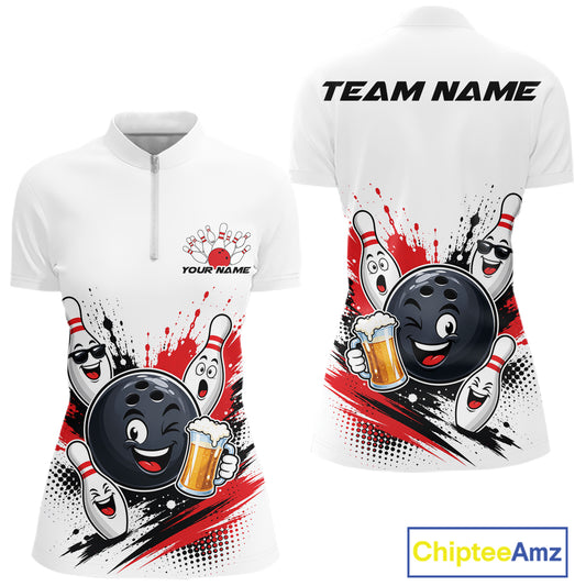White short-sleeve polo shirt shown from front and back, featuring a bowling-themed graphic with cartoon bowling pins and a bowling ball in red, black, white, and yellow, plus customizable text areas on the chest and back.