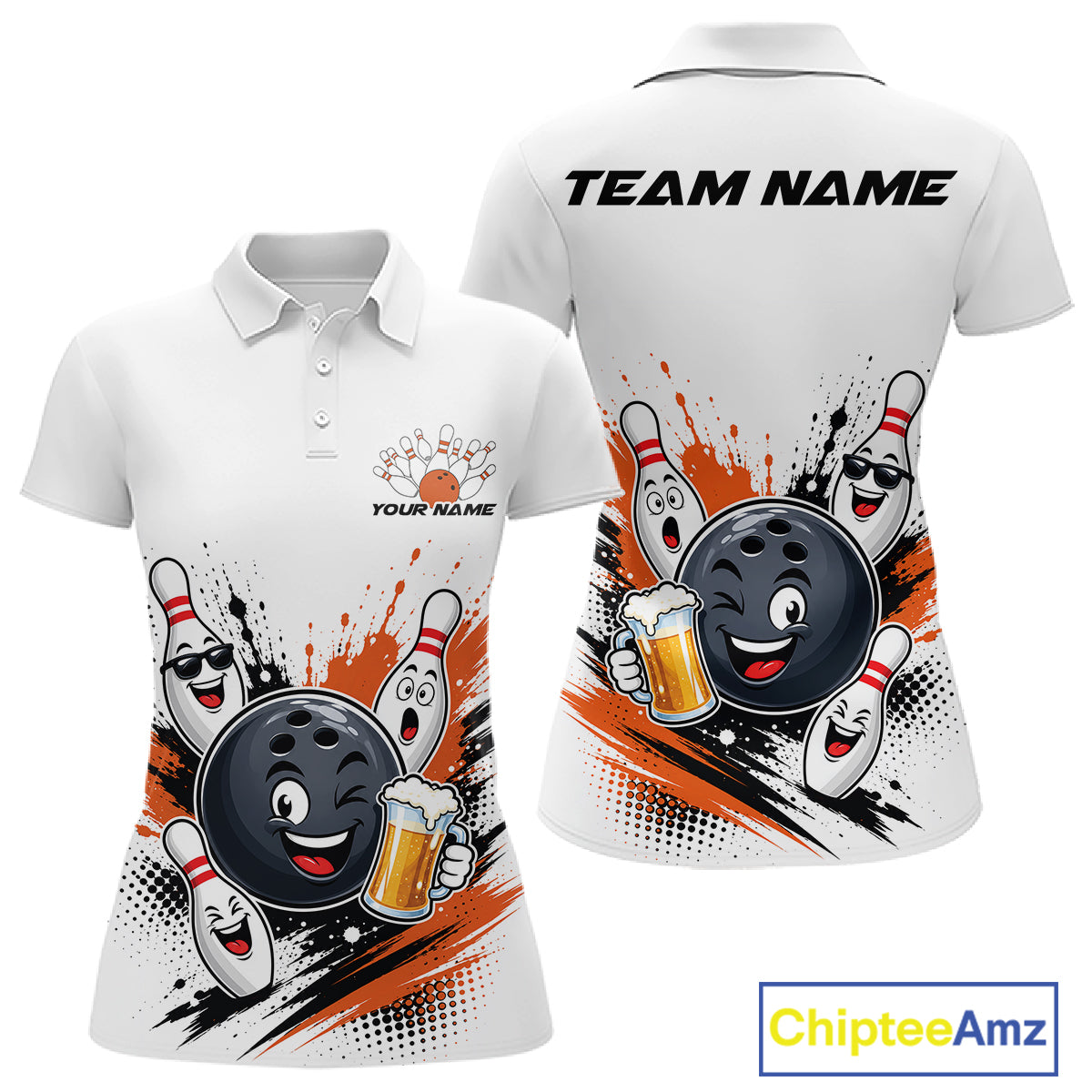 Custom White And Orange Funny Beer Bowling Women Polo Shirt, Beer Drinking Party Bowling IPHW11852