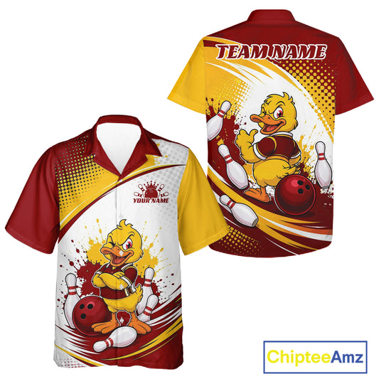 Custom bowling short sleeve bowling button up shirt shown from both front and back views. The shirt features a cartoon yellow duck mascot holding a bowling ball, white bowling pins, and red and yellow graphic splatters.