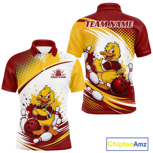 Custom short-sleeve polo shirt shown from the front and back, featuring a cartoon yellow duck mascot bowling with red, yellow, and white graphics and a customizable 'TEAM NAME' and 'YOUR NAME' print area.