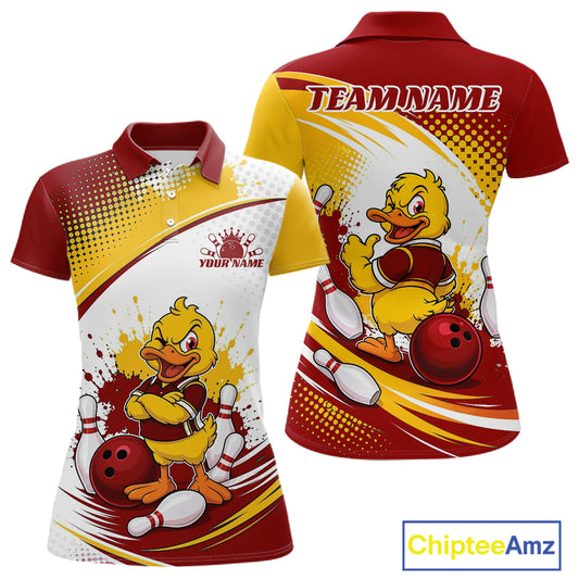 Front and back views of a custom short-sleeve polo shirt featuring a cartoon yellow duck bowling theme. The shirt has a red, yellow, and white color scheme with 'TEAMNAME' on the back and 'YOUR NAME' on the front.