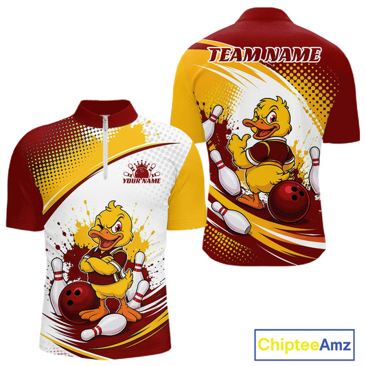 Custom bowling-themed short-sleeve quarter zip shirt shown from the front and back, featuring a cartoon yellow duck bowling with bowling pins, balls, and a yellow-to-white-to-red gradient design. Includes placeholder text 'YOUR NAME' and 'TEAMNAME'