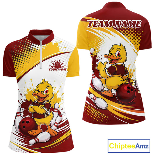 Front and back views of a short-sleeve women's quarter zip shirt featuring a bowling-themed graphic with a yellow duck, bowling balls, pins, and red, yellow, and white color-blocked panels. The front has a white zipper placket and customizable text areas reading 'YOUR NAME' and 'TEAM NAME' on the back.