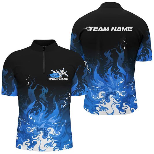 Custom Blue Flame Bowling Shirts For Men, Team Name Bowling League Shirts Bowlers Outfits IPHW7405