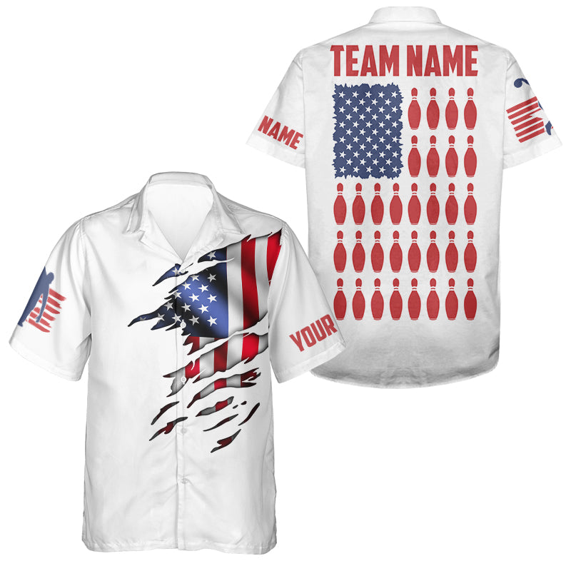 Customizable Patriotic American Flag Bowling Pins Hawaiian Shirts For Men And Women, Bowling Team Shirt IPHW3809