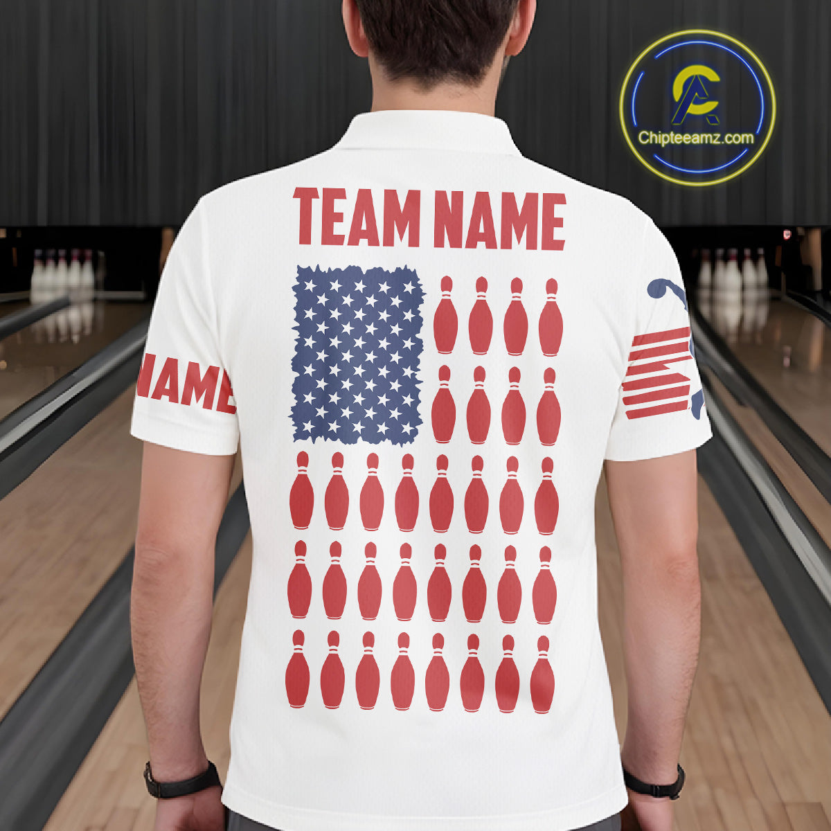 Polo shirt Custom Mens Bowling Shirts, Customizable American Flag Bowling Pin Polo Shirt For Team IPHW3809