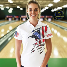 Load image into Gallery viewer, Custom Women&#39;s Bowling Shirts, Customizable American Flag Bowling Pin Polo Shirt For Team IPHW3809
