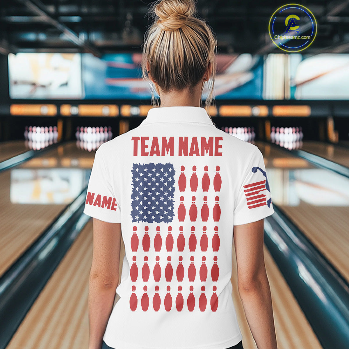 Custom Women's Bowling Shirts, Customizable American Flag Bowling Pin Polo Shirt For Team IPHW3809