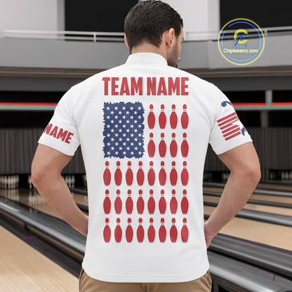 Quarter Zip Custom Mens Bowling Shirts, Customizable American Flag Bowling Pin Quarter Zip Shirt For Team IPHW3809