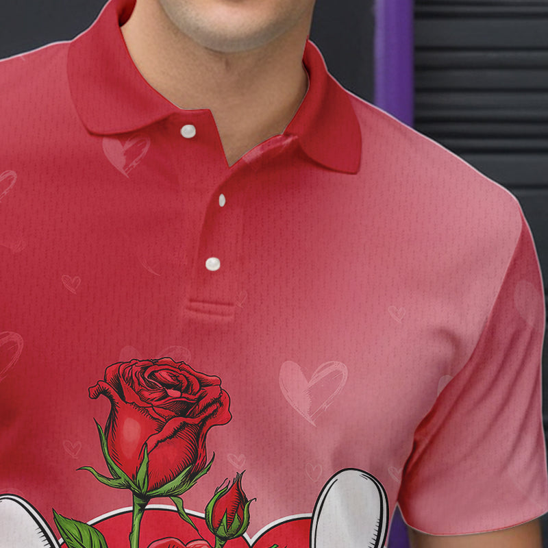 Custom Valentine Bowling Polo Shirts For Men, Bowling And Red Roses Couple Bowling Outfits IPHW8350