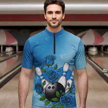 Load image into Gallery viewer, Custom Blue Valentine Bowling Quarter-Zip Shirts For Men, Bowling And Roses Couple Bowling Outfits IPHW8351