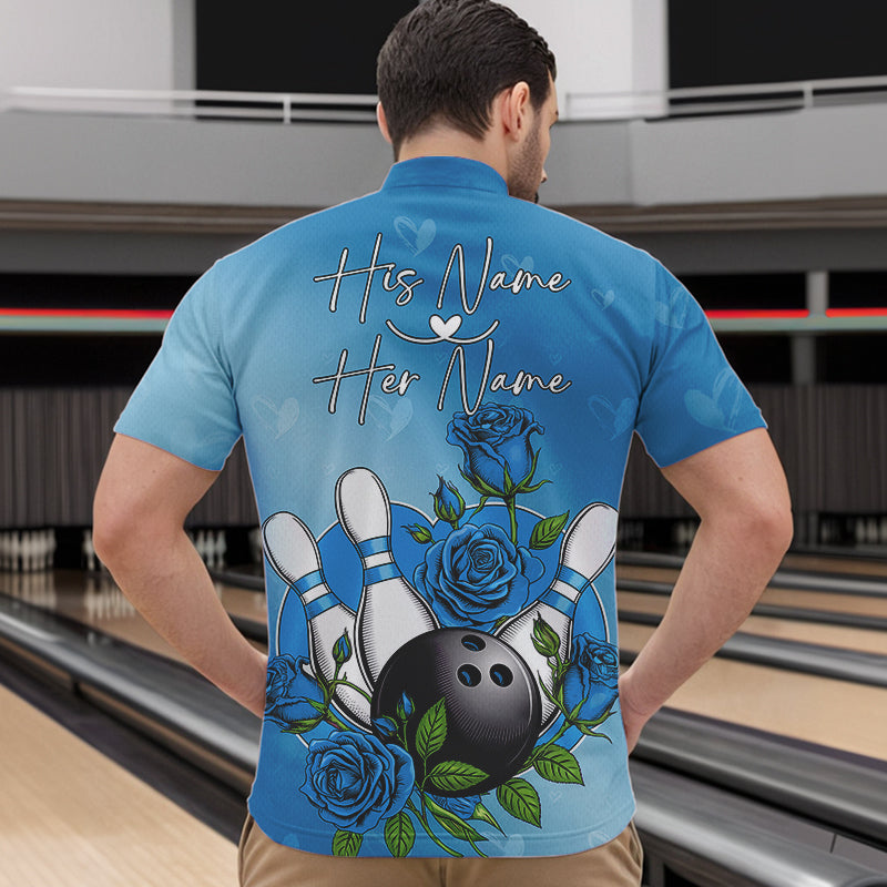 Custom Blue Valentine Bowling Quarter-Zip Shirts For Men, Bowling And Roses Couple Bowling Outfits IPHW8351