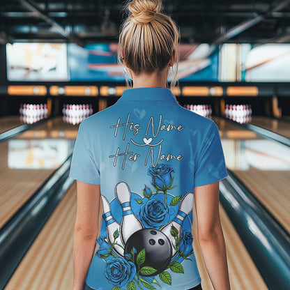 Custom Blue Valentine Bowling Quarter-Zip Shirts For Women, Bowling And Roses Couple Outfit IPHW8351