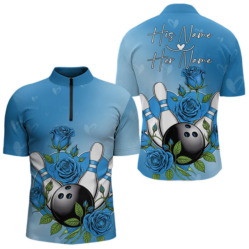 Custom Blue Valentine Bowling Quarter-Zip Shirts For Men, Bowling And Roses Couple Bowling Outfits IPHW8351