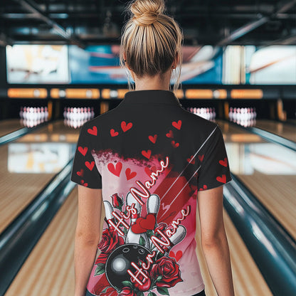 Custom Black And Red Heart Valentine Bowling Quarter-Zip Shirts For Women, Couple Bowling IPHW8353