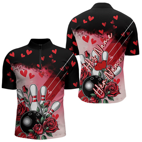 Custom Black And Red Heart Theme Valentine Bowling Quarter-Zip Shirt For Men, Couple Bowling Shirt IPHW8353