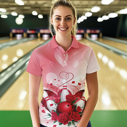 Bowling And Red Roses Custom Valentine Bowling Polo Shirts For Women Bowling Couple Outfits IPHW8358