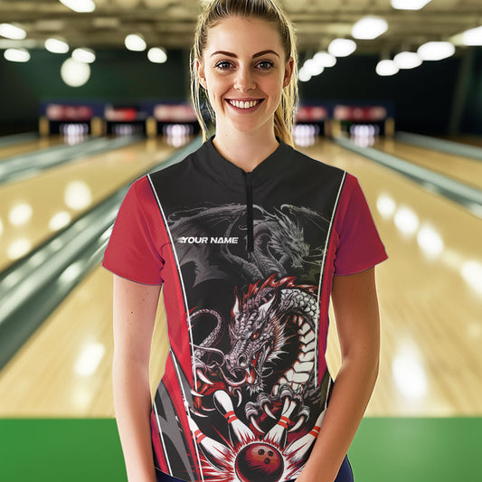 Custom Black And Red Dragon Bowling Womens Quarter-Zip Shirts, Bowling Tournament Uniform IPHW8553