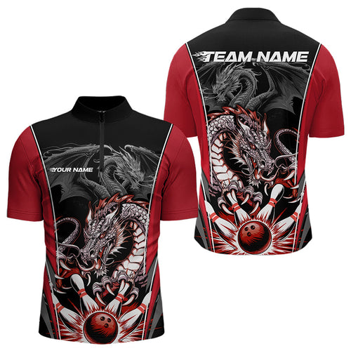 Custom Black And Red Dragon Bowling Quarter-Zip Shirts For Men, Dragon Bowling Tournament Uniform IPHW8553
