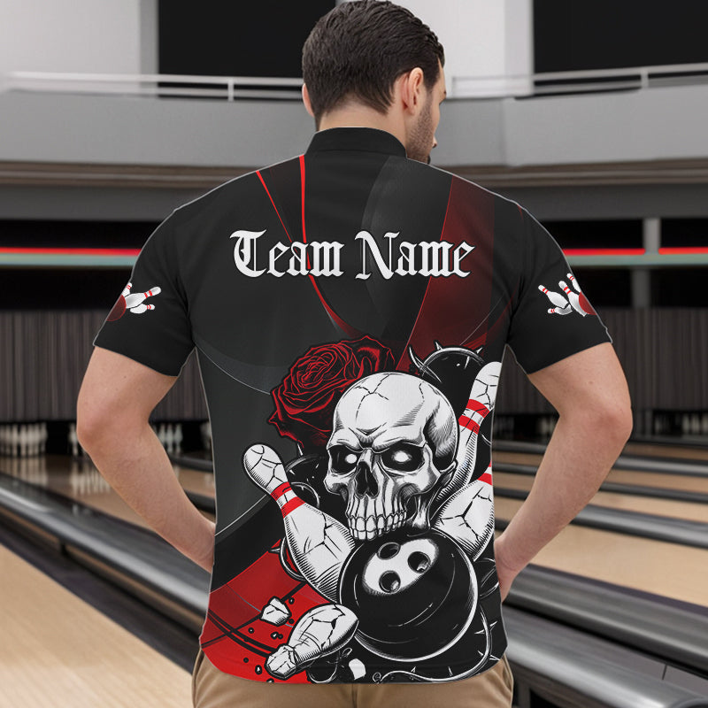 Custom Black And Red Roses Skull Bowling Team Quarter-Zip Shirts For Men, Skull Bowling Jerseys IPHW8870